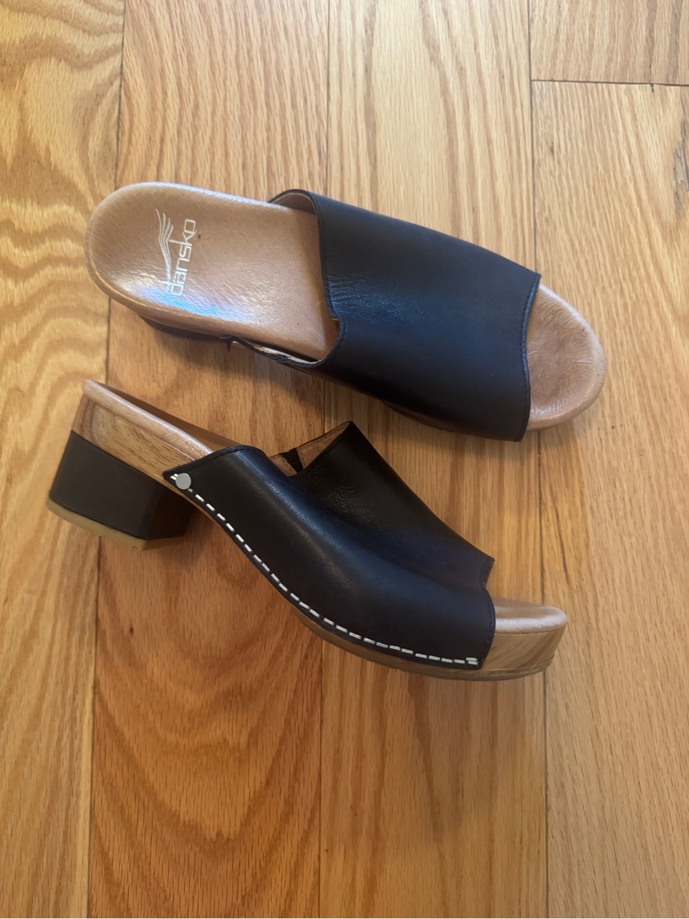Dansko Black Leather Open-Back Mule Heels